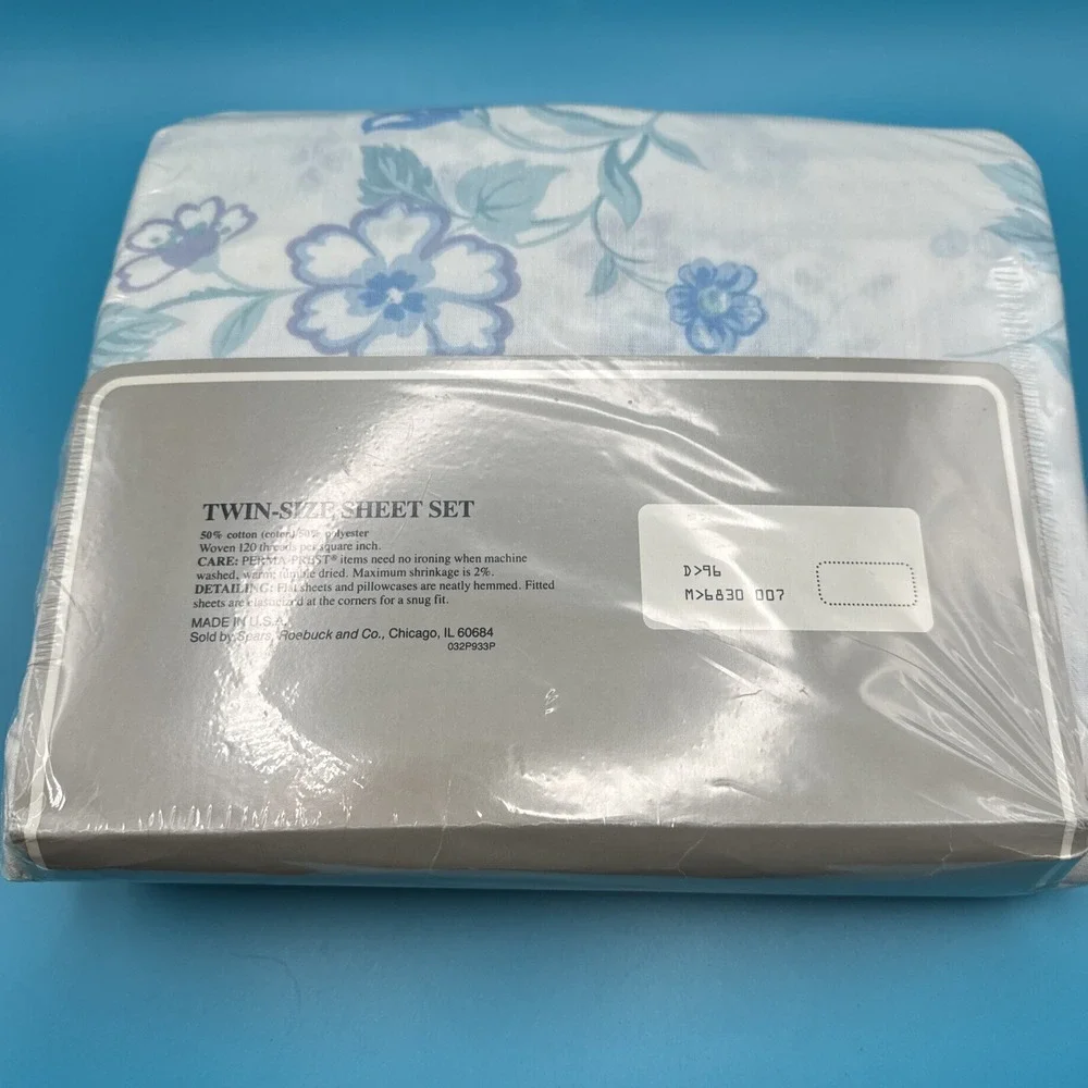 Vintage 70s Sears Twin Sheet Set New Sealed Blue Butterflies Flowers White NOS‎
